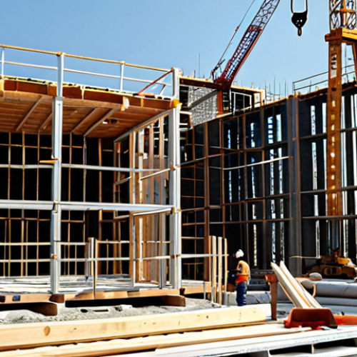 Home 4 **
Modern construction site, modular homes being assembled rapidly, crane lifting pre-fabricated section, workers in hard hats overseeing the process. Emphasis on speed and efficiency. Steel and glass architecture.
**
