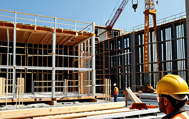 **
Modern construction site, modular homes being assembled rapidly, crane lifting pre-fabricated section, workers in hard hats overseeing the process. Emphasis on speed and efficiency. Steel and glass architecture.
**