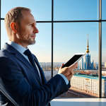 A thoughtful male engineer in his 40s, dressed in a professional, modest business suit, stands confidently in a modern, sunlit architect's office overlooking a contemporary Russian city skyline, capturing the essence of Moscow or Kazan. He is engaged with a large transparent screen or digital tablet displaying a complex BIM model of an innovative, energy-efficient building project. His expression is visionary and focused, embodying leadership and forward-thinking. The office environment is clean and organized, with subtle architectural models in the background. perfect anatomy, correct proportions, natural pose, well-formed hands, proper finger count, natural body proportions, professional photography, high quality, safe for work, appropriate content, fully clothed, professional.