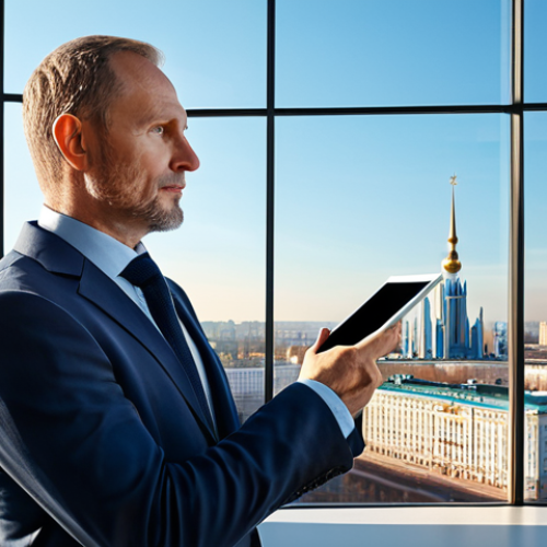 Home 23 A thoughtful male engineer in his 40s, dressed in a professional, modest business suit, stands confidently in a modern, sunlit architect's office overlooking a contemporary Russian city skyline, capturing the essence of Moscow or Kazan. He is engaged with a large transparent screen or digital tablet displaying a complex BIM model of an innovative, energy-efficient building project. His expression is visionary and focused, embodying leadership and forward-thinking. The office environment is clean and organized, with subtle architectural models in the background. perfect anatomy, correct proportions, natural pose, well-formed hands, proper finger count, natural body proportions, professional photography, high quality, safe for work, appropriate content, fully clothed, professional.