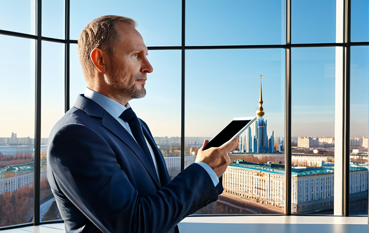 A thoughtful male engineer in his 40s, dressed in a professional, modest business suit, stands confidently in a modern, sunlit architect's office overlooking a contemporary Russian city skyline, capturing the essence of Moscow or Kazan. He is engaged with a large transparent screen or digital tablet displaying a complex BIM model of an innovative, energy-efficient building project. His expression is visionary and focused, embodying leadership and forward-thinking. The office environment is clean and organized, with subtle architectural models in the background. perfect anatomy, correct proportions, natural pose, well-formed hands, proper finger count, natural body proportions, professional photography, high quality, safe for work, appropriate content, fully clothed, professional.