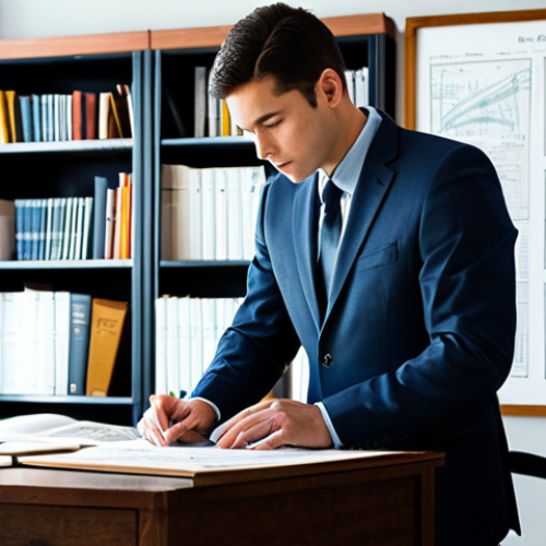 Home 22 A focused male civil engineer in a modest business suit, fully clothed, deeply engaged in studying at a large wooden desk. The desk is meticulously organized with classic, well-worn engineering textbooks, detailed technical drawings, and a calculator. The background is a modern, well-lit professional office space with shelves filled with more engineering literature and subtle framed blueprints. The overall atmosphere is one of deep learning and professional dedication. Professional dress, appropriate attire, natural pose, perfect anatomy, well-formed hands, correct proportions, natural body proportions, safe for work, appropriate content, family-friendly, high-quality professional photography.