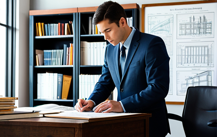 A focused male civil engineer in a modest business suit, fully clothed, deeply engaged in studying at a large wooden desk. The desk is meticulously organized with classic, well-worn engineering textbooks, detailed technical drawings, and a calculator. The background is a modern, well-lit professional office space with shelves filled with more engineering literature and subtle framed blueprints. The overall atmosphere is one of deep learning and professional dedication. Professional dress, appropriate attire, natural pose, perfect anatomy, well-formed hands, correct proportions, natural body proportions, safe for work, appropriate content, family-friendly, high-quality professional photography.
