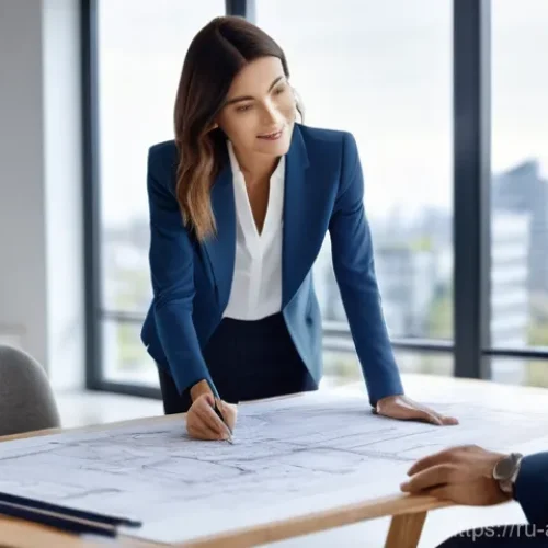 Home 22 건축기술사와 건축법 - **Prompt 1: Architect as a Dream Weaver**
"A professional female architect, aged around 35, with...