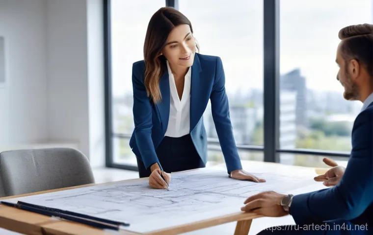 건축기술사와 건축법 - **Prompt 1: Architect as a Dream Weaver**
"A professional female architect, aged around 35, with...