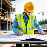 Home 17 건축기술사와 건축학 석사 과정 비교 - A skilled architectural technician at a modern construction site, wearing a hard hat, safety vest, a...