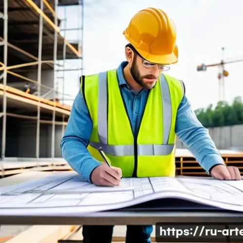 Home 29 건축기술사와 건축학 석사 과정 비교 - A skilled architectural technician at a modern construction site, wearing a hard hat, safety vest, a...