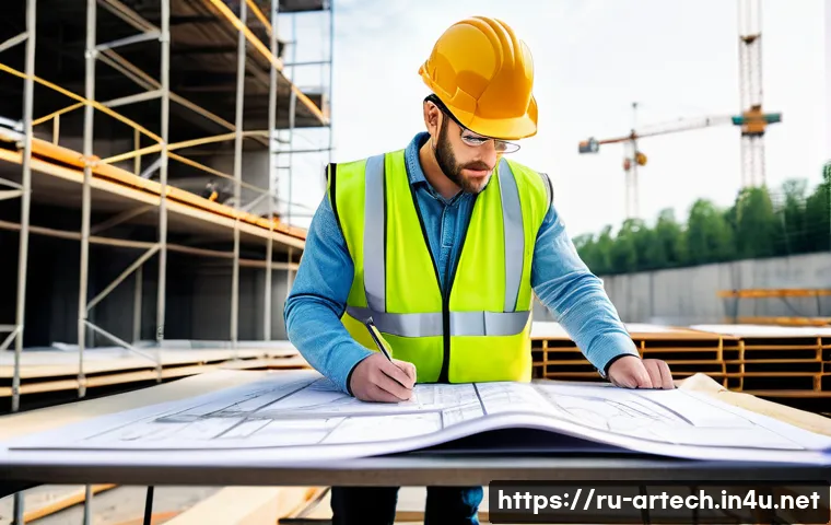 건축기술사와 건축학 석사 과정 비교 - A skilled architectural technician at a modern construction site, wearing a hard hat, safety vest, a...