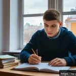 Home 21 건축기술사 필기와 실기 통합 공부법 - A cozy study room scene featuring a young Russian adult male focused on exam preparation. The desk i...