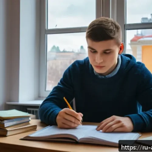Home 15 건축기술사 필기와 실기 통합 공부법 - A cozy study room scene featuring a young Russian adult male focused on exam preparation. The desk i...